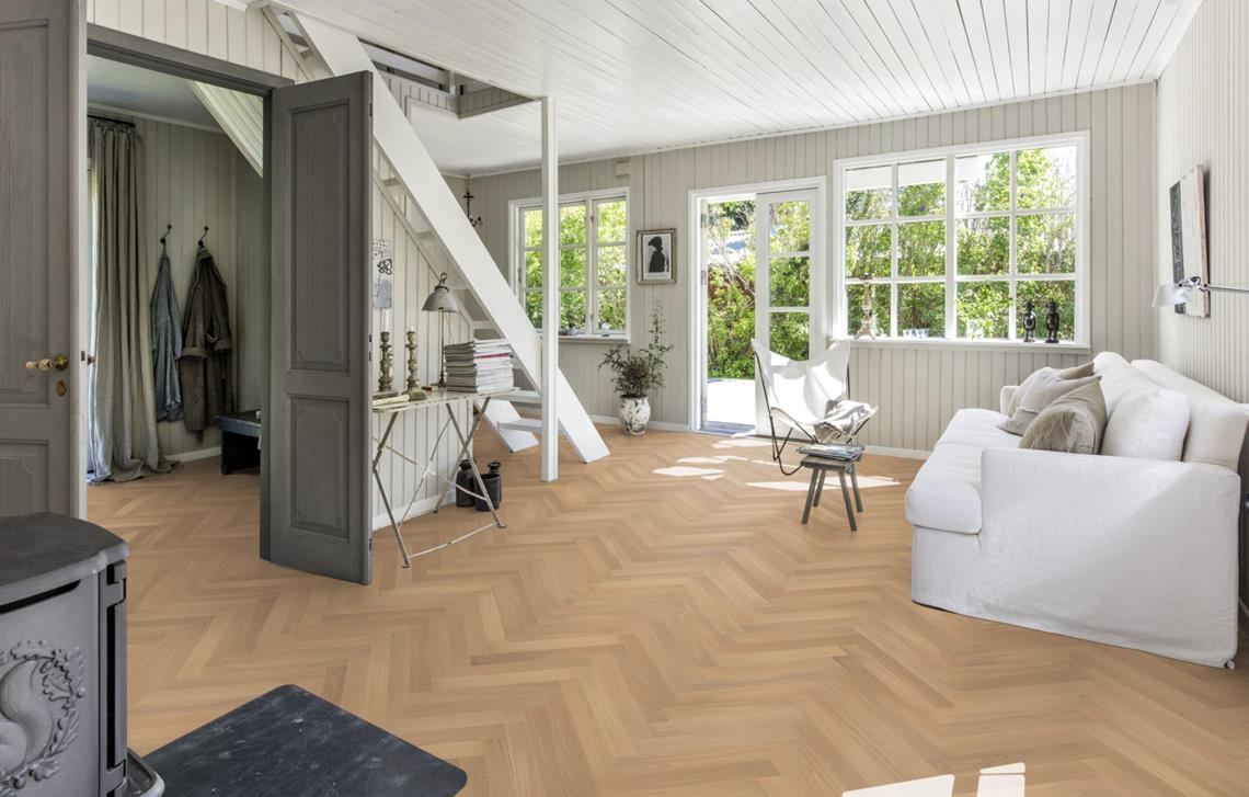 Parchet dublu stratificat Herringbone Kahrs Stejar AB White Matt, 490 x 70 x 11 mm